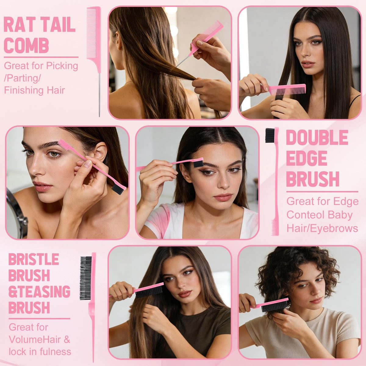 Pink Hair Brush Set for Women and Girls with Scalp Scrubber - 16 Pieces