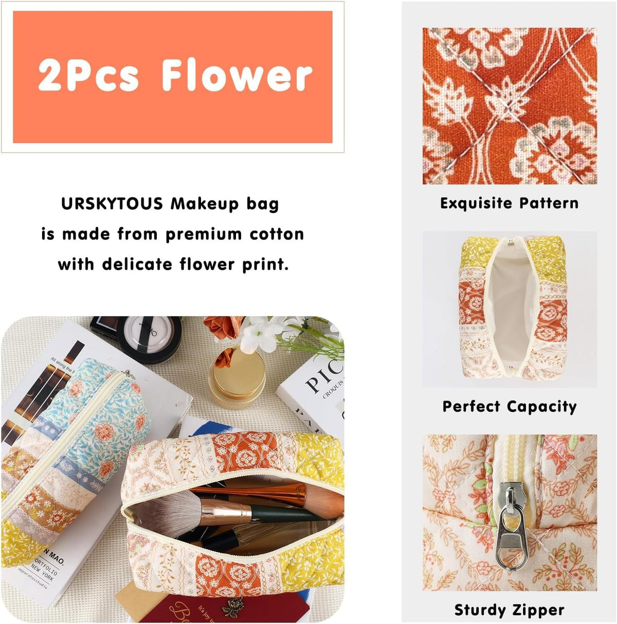 2-Pack Floral Makeup Bags - Travel Cosmetic Organizer with Spacious Interior