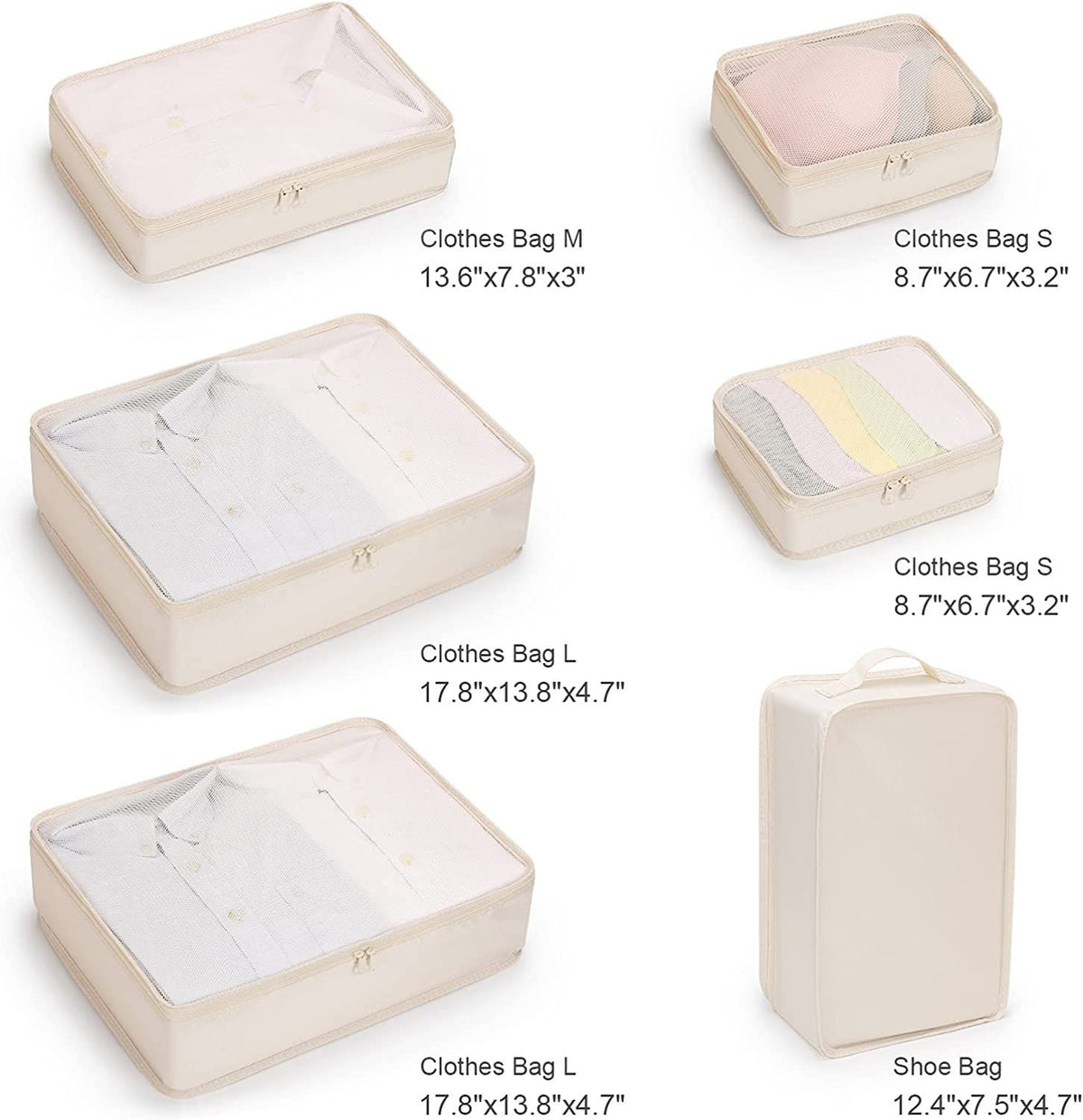 Lightweight Travel Packing Cubes Set with Shoe Bag - 6 Pieces Beige