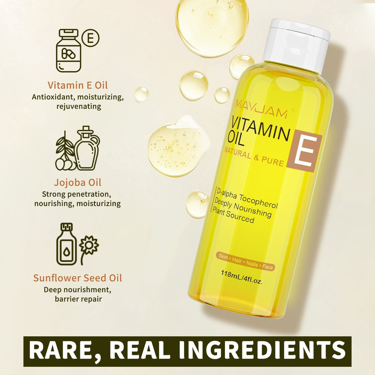 Organic Vitamin E Oil 4 oz for Skin Hair & Nails