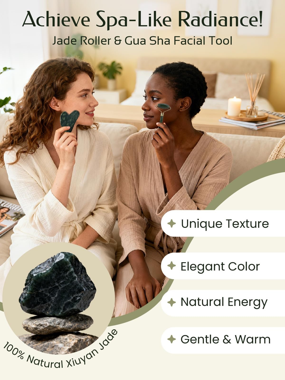 Face Roller & Gua Sha Set - Jade Facial Massage Tools for Self Care, 2 Pieces