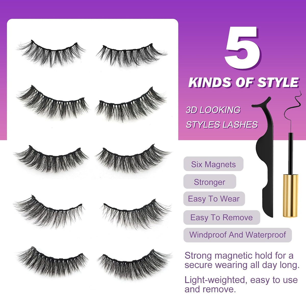 Magnetic Eyelashes with Eyeliner - Natural Look, Reusable 10 Pairs
