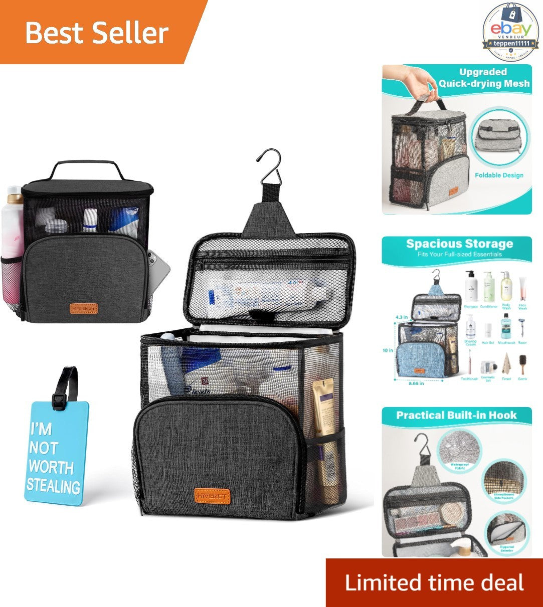 Full Size Waterproof Hanging Toiletry Bag Travel Organizer for College