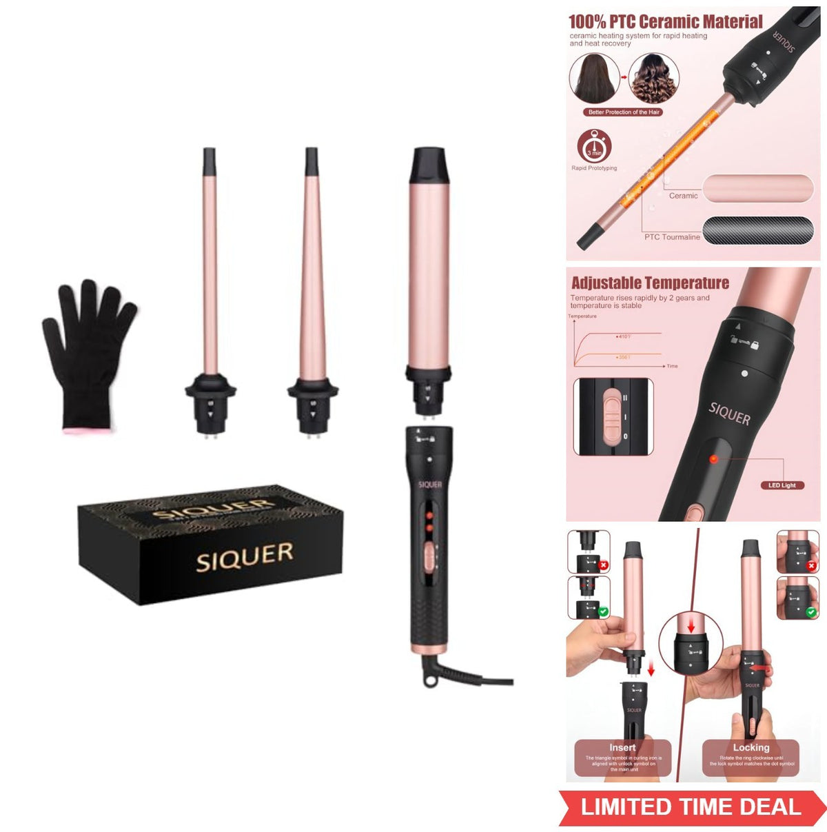 3-in-1 Ceramic Curling Wand Set with Interchangeable Barrels - Fast Heating