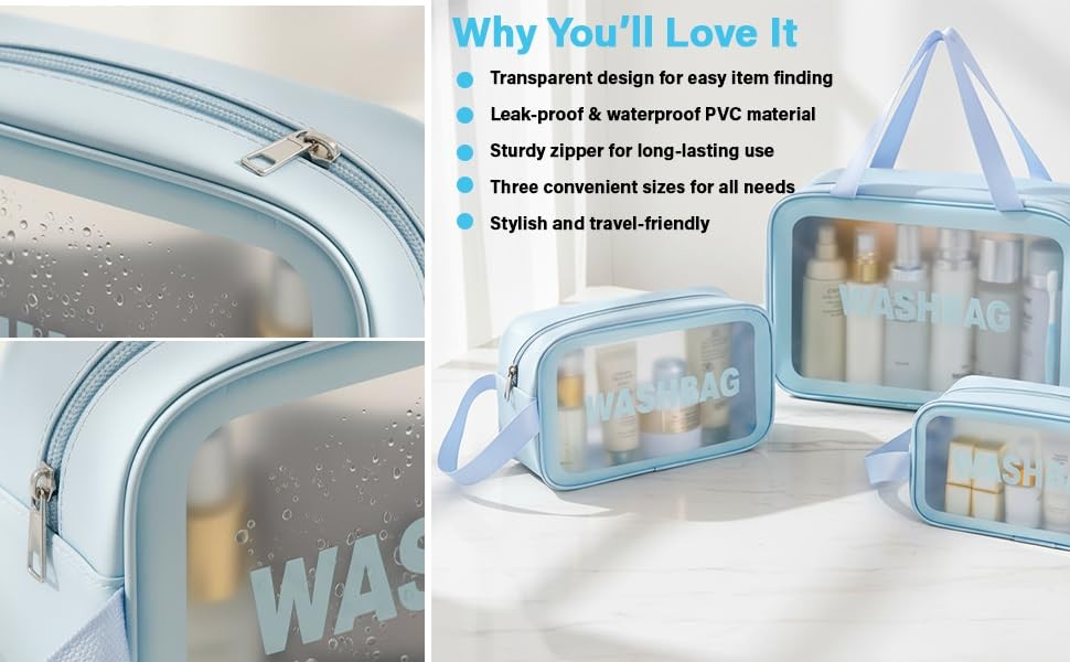 3-Piece Makeup Cosmetic Bag Travel Organizer Set Blue Small Medium Large