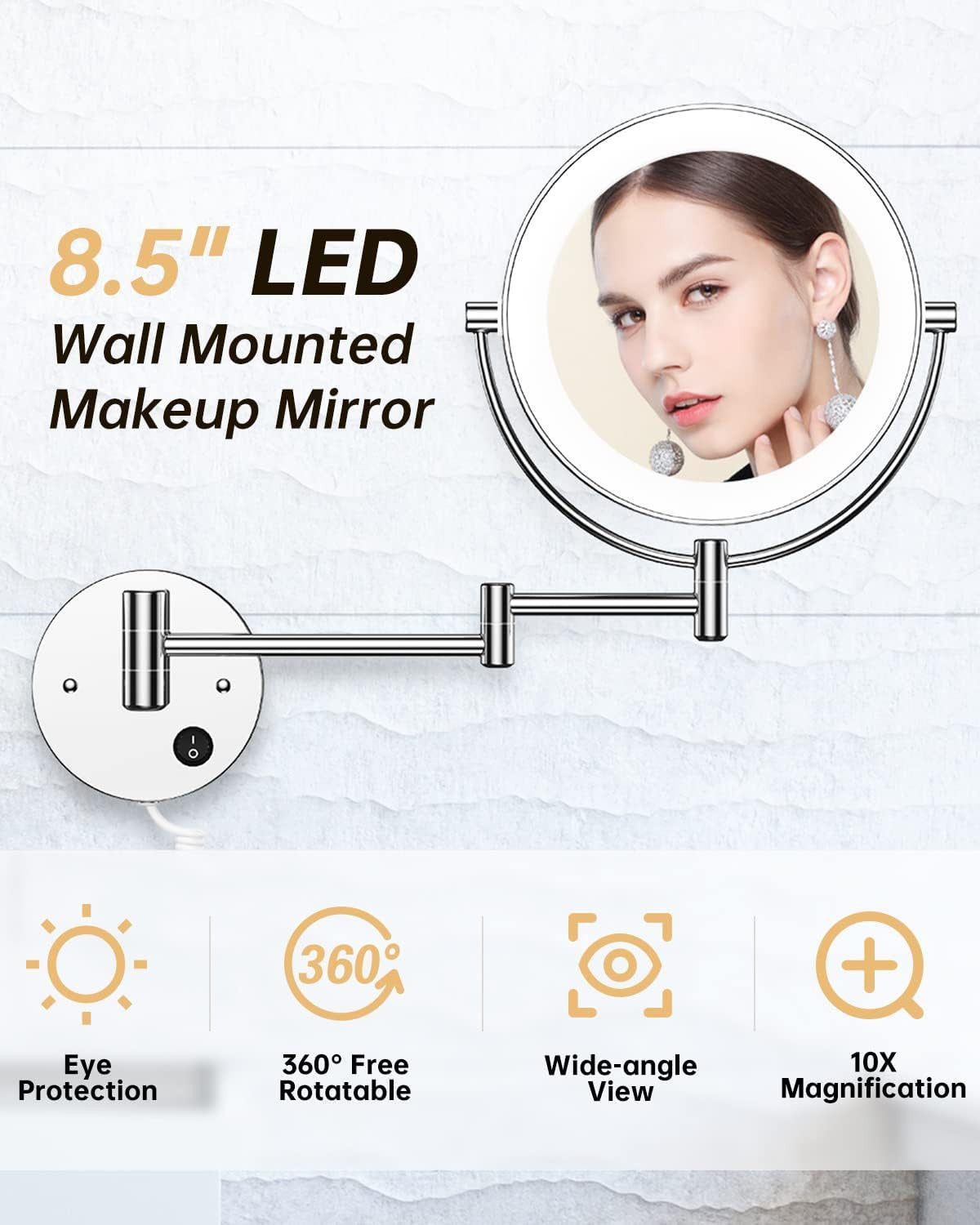 8.5-Inch Wall Mounted Lighted Magnifying Mirror 1X/10X Double-Sided