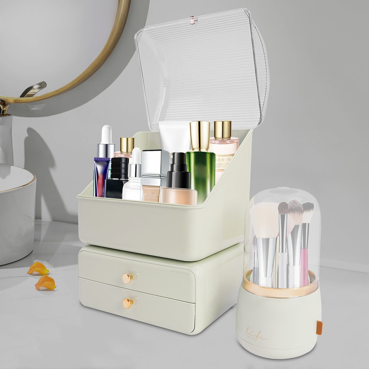 Green Makeup Organizer with Drawers & Brush Holder - Dust Protection
