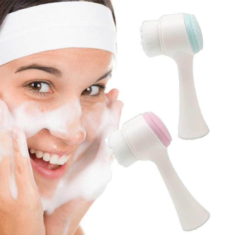 2-in-1 Double Sided Facial Brush with Handle - Soft Bristles & Silicone Massager (Blue & Pink)