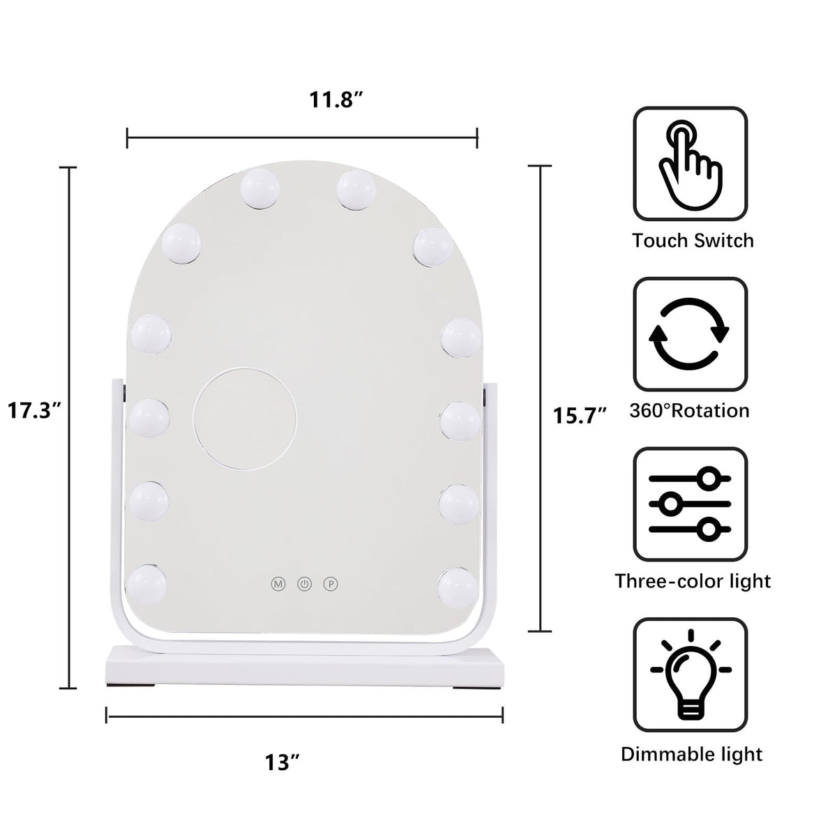 Lighted Makeup Mirror with 3 Light Modes and 10X Magnification - White