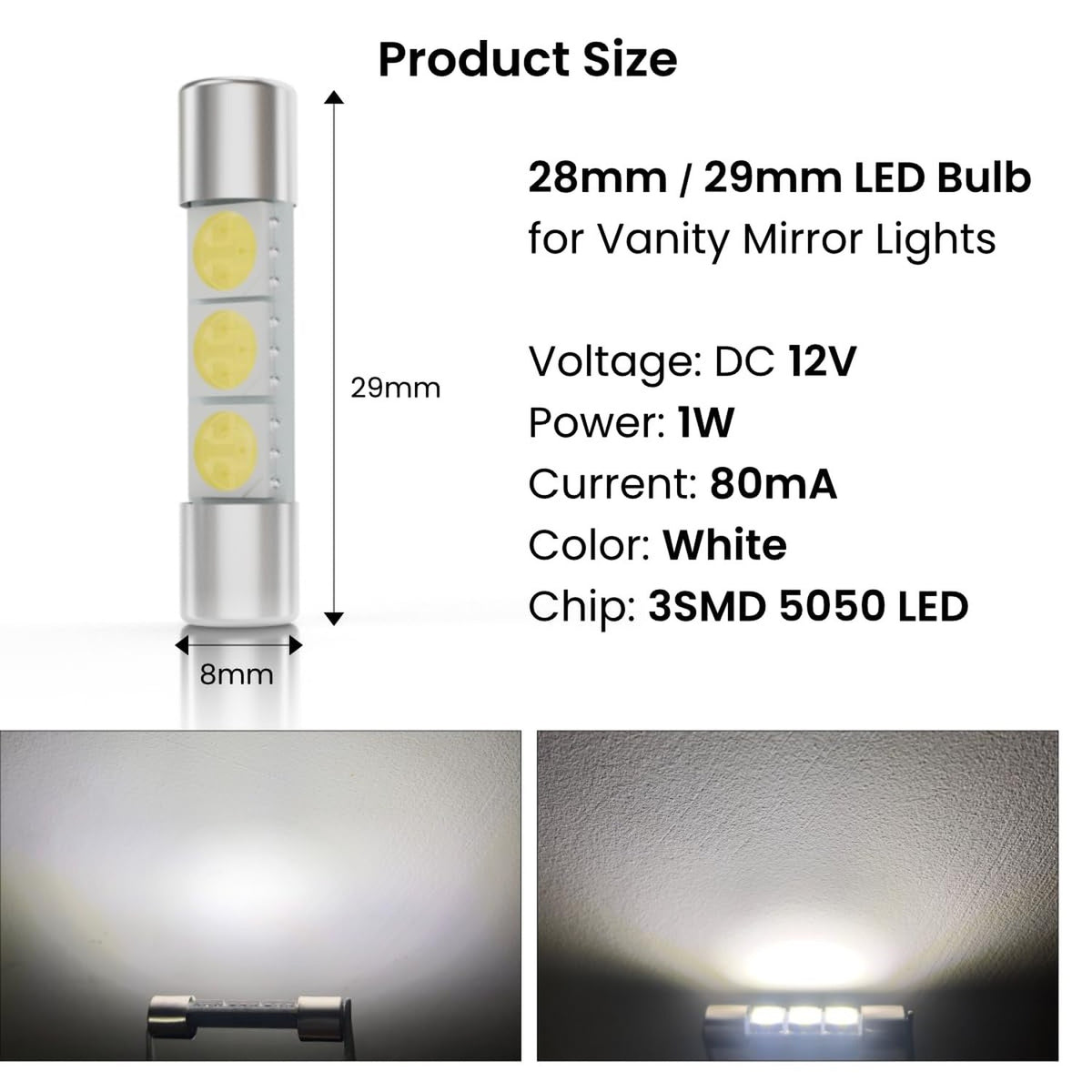 6 Pack 28mm & 29mm LED Car Vanity Mirror Lights - 6000K White Interior Bulbs