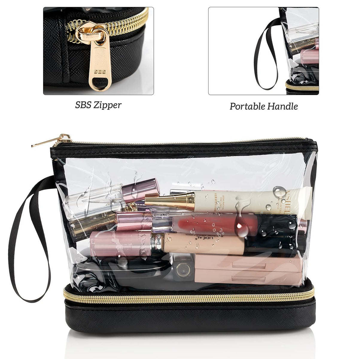 Small Clear Travel Makeup Bag with Double Layers and Faux Leather Handle