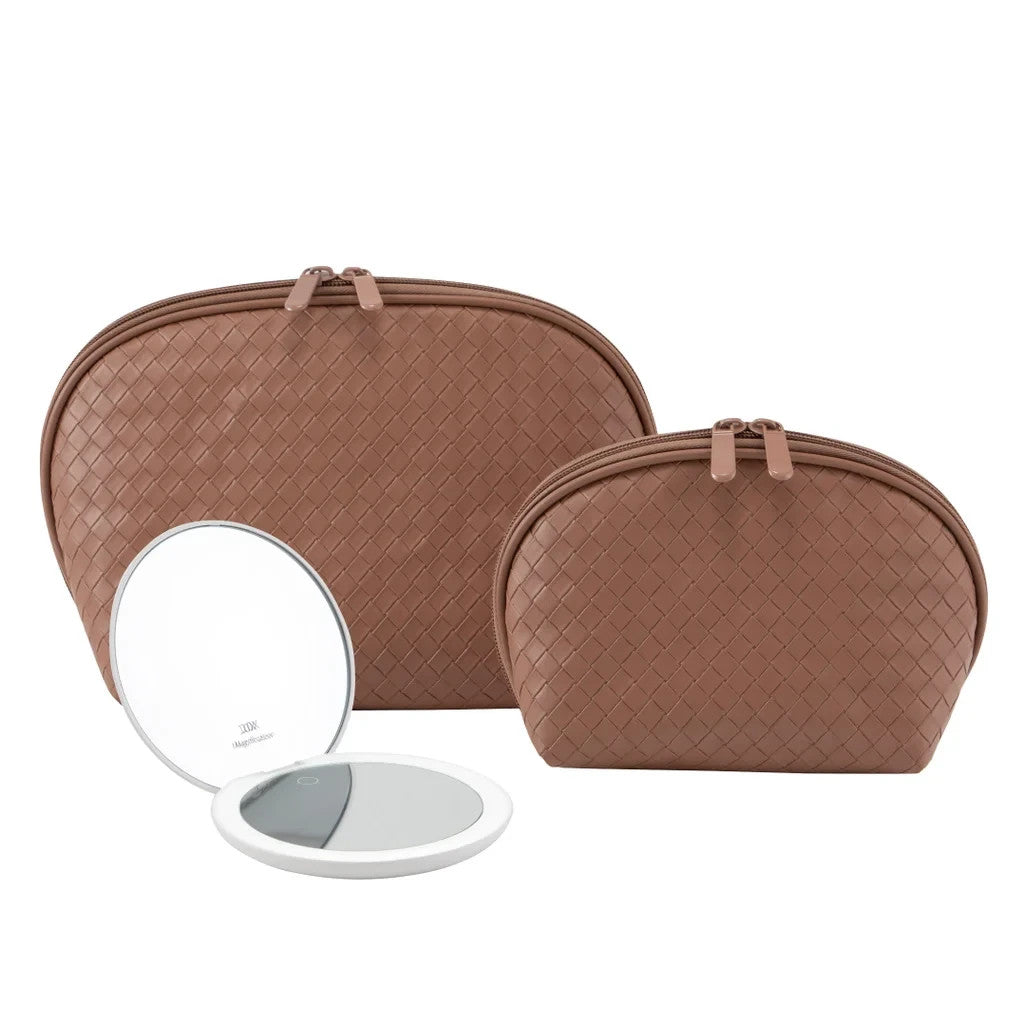 3-Piece Faux Leather Makeup Bags with Rechargeable LED Mirror - Brown