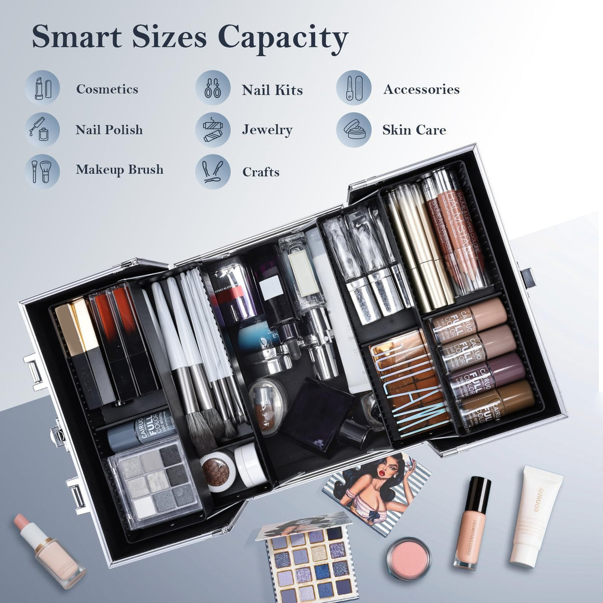 Portable Makeup Organizer Case with Lock, 4-Tier Trays, Silver Travel Storage