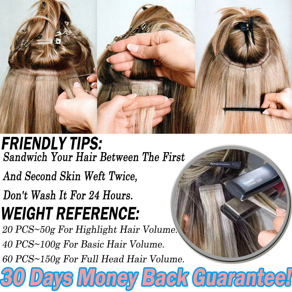 Thick Tape in Remy Human Hair Extensions Invisible Skin Weft Full Head