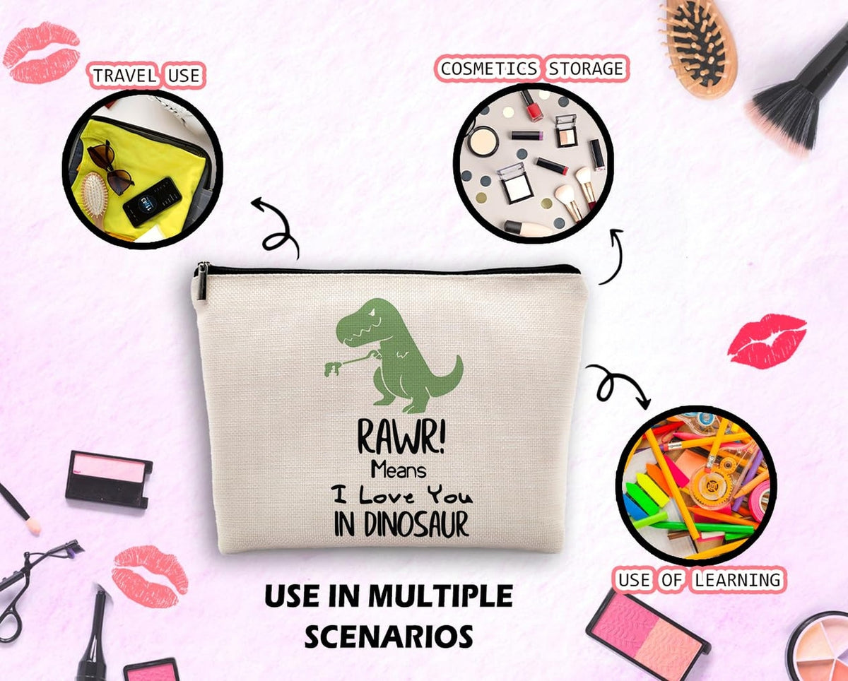 Dinosaur Cosmetic Bag - Funny I Love You RAWR Makeup Pouch Travel Organizer