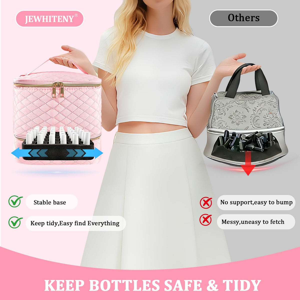 Pink Double Layer Nail Polish Organizer Bag Holds 30 Bottles & Lamp Kit