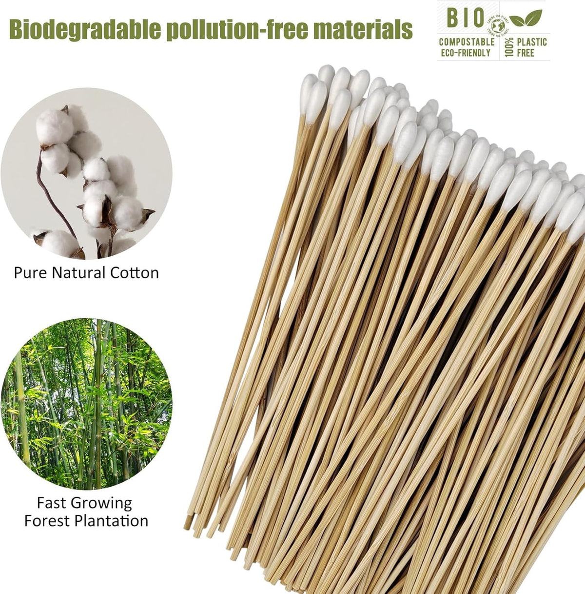 Eco-Friendly Bamboo Cotton Swabs - 6 Inch Long Wooden Handles, 200 Pack