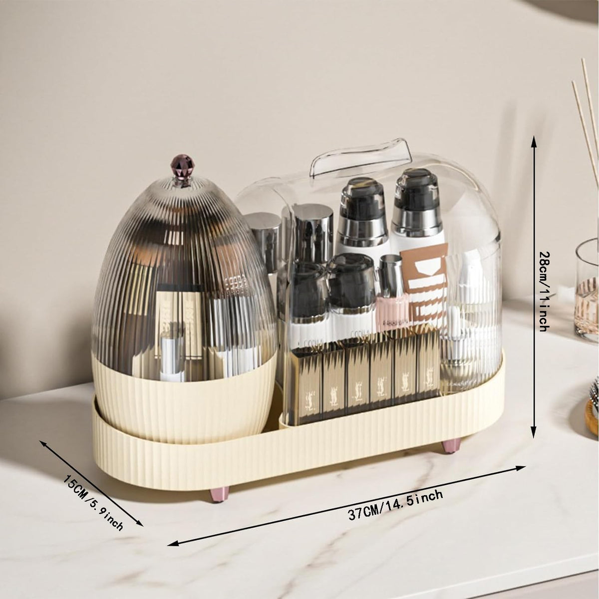 Rotating Makeup Organizer with Brush Holder - Vanity Storage with Dust Cover