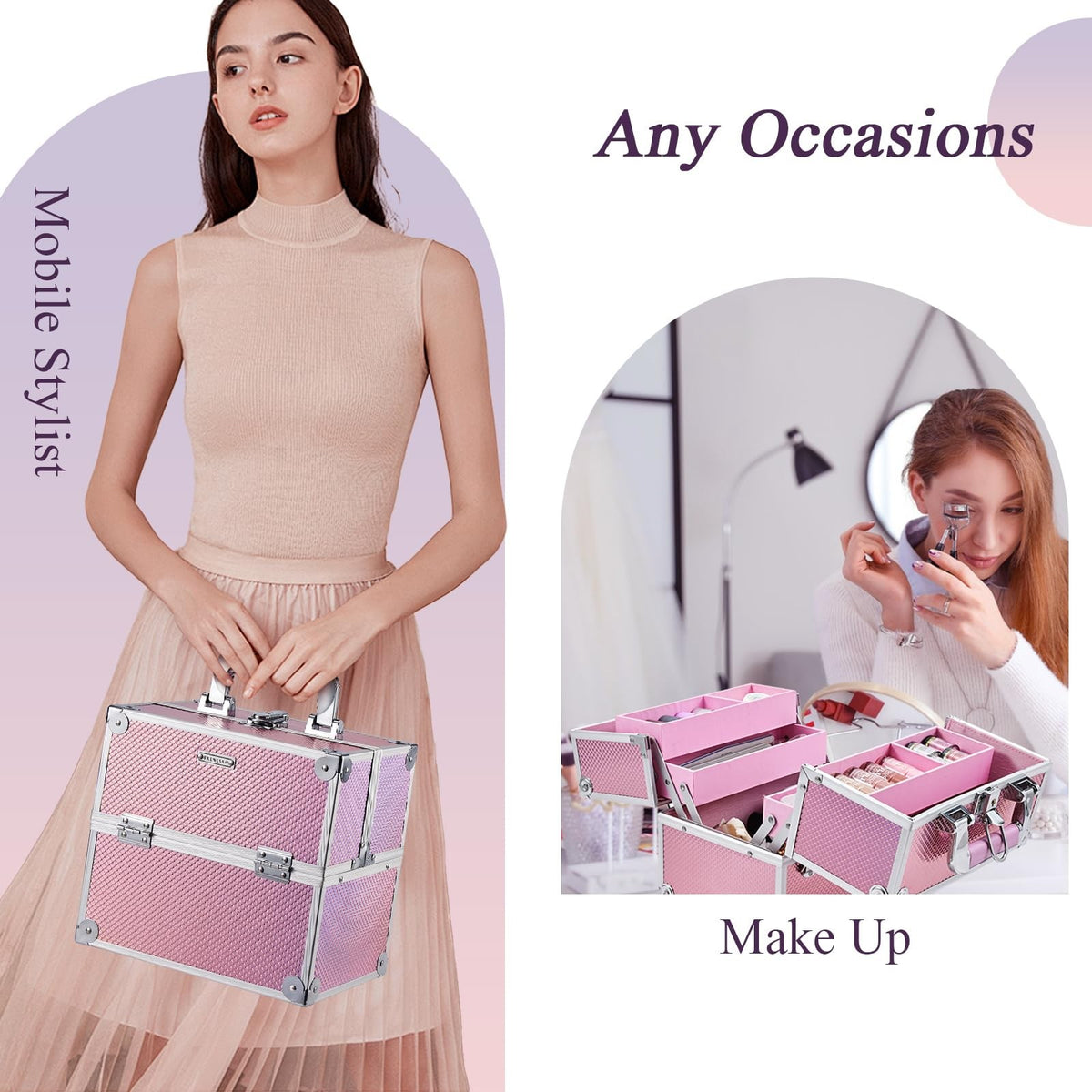 Travel Makeup Case Organizer with Lockable 4-Tier Trays - Mermaid Pink