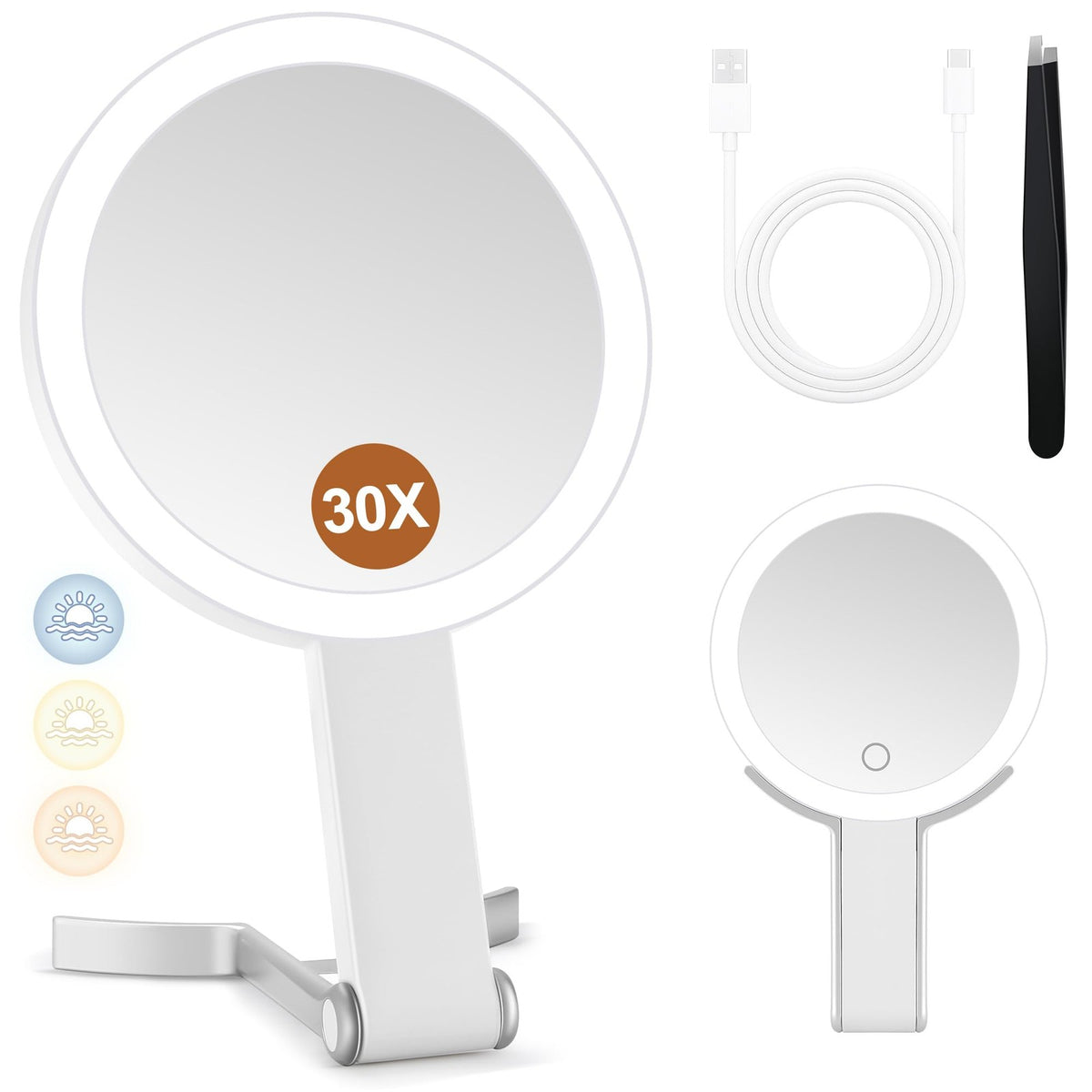 Magnifying Makeup Mirror with Light - 30X/1X Double Sided, Portable, Adjustable Brightness