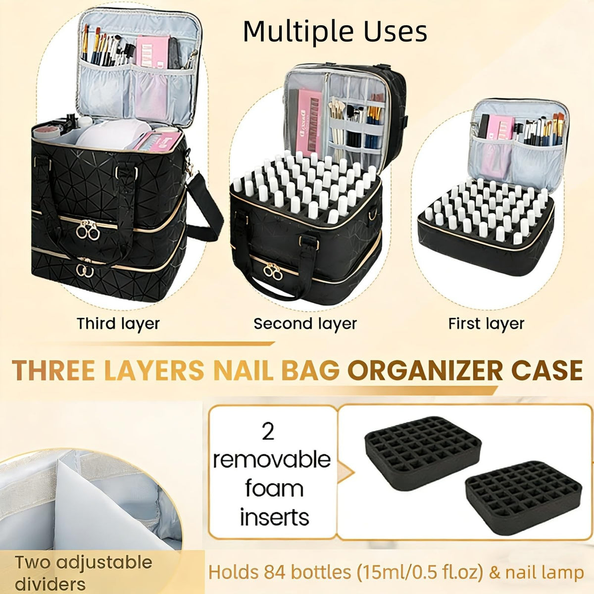 Nail Polish Organizer Bag for 84 Bottles & Lamp, 3-Layer Portable Storage Case