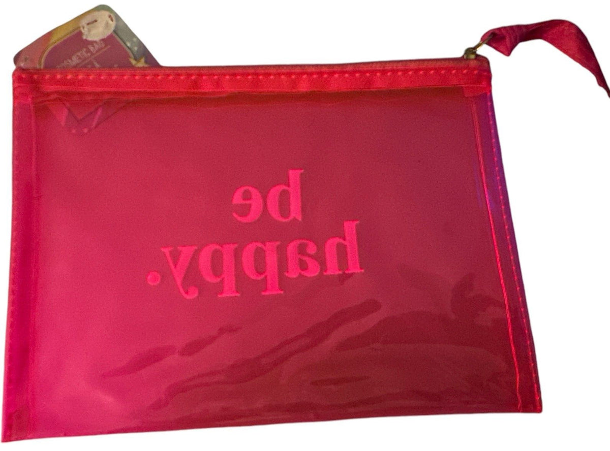 Hot Pink Transparent Cosmetic Toiletry Bag - Be Happy Phrase, 7.5x5.5in