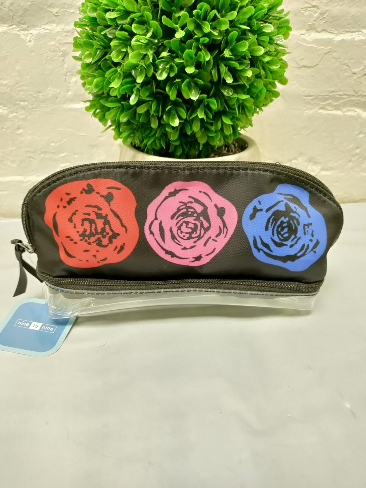 Nine To Nine Black Clear Floral Double Organizer Zip Bag - Makeup & Travel Cosmetic Case
