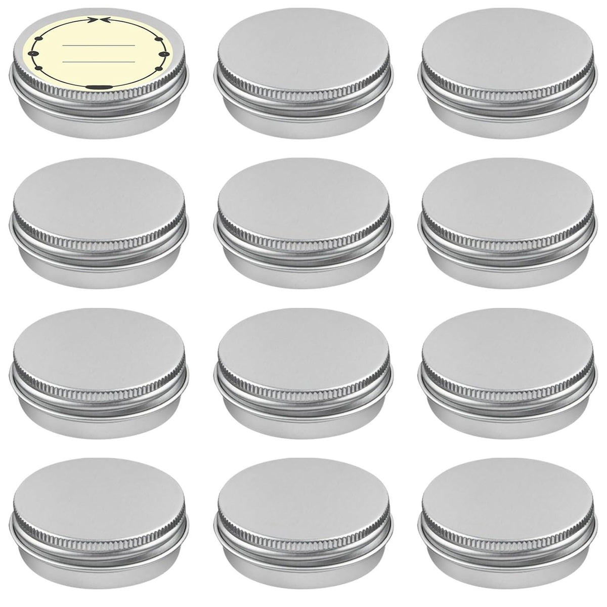 12 Pack 2 oz Aluminum Tin Cans with Screw Lids & Labels - Refillable Travel Containers