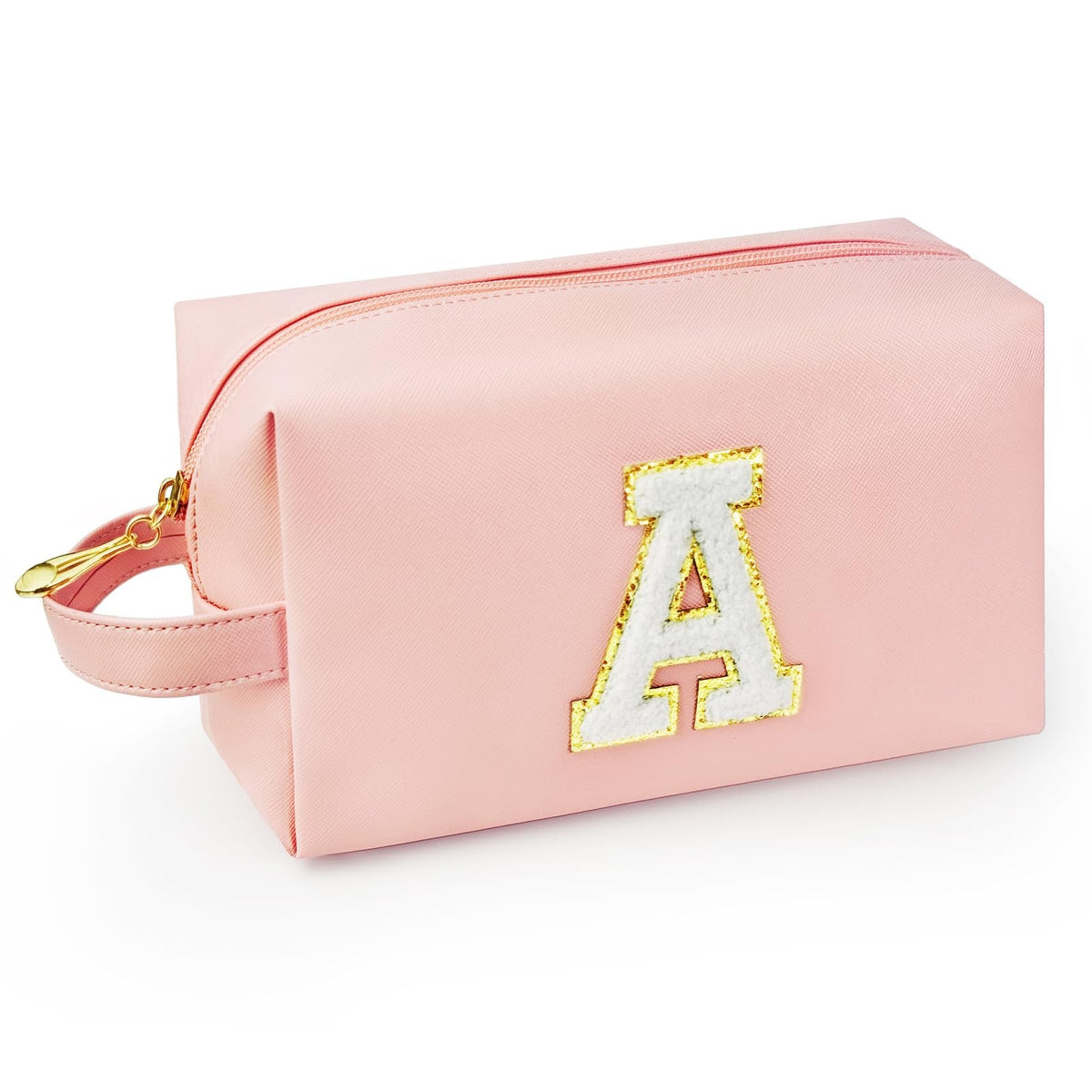 Personalized Initial Makeup Bag with Handle - Waterproof PU Leather Cosmetic Organizer