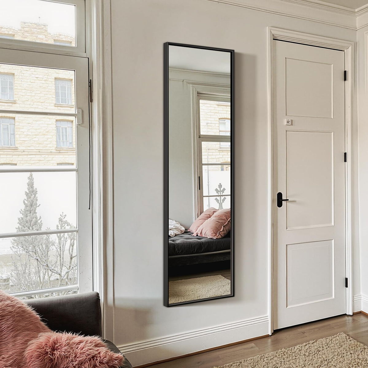 Full Length Floor Mirror 56 x 15 Inches with Aluminum Frame - Standing & Wall Mountable