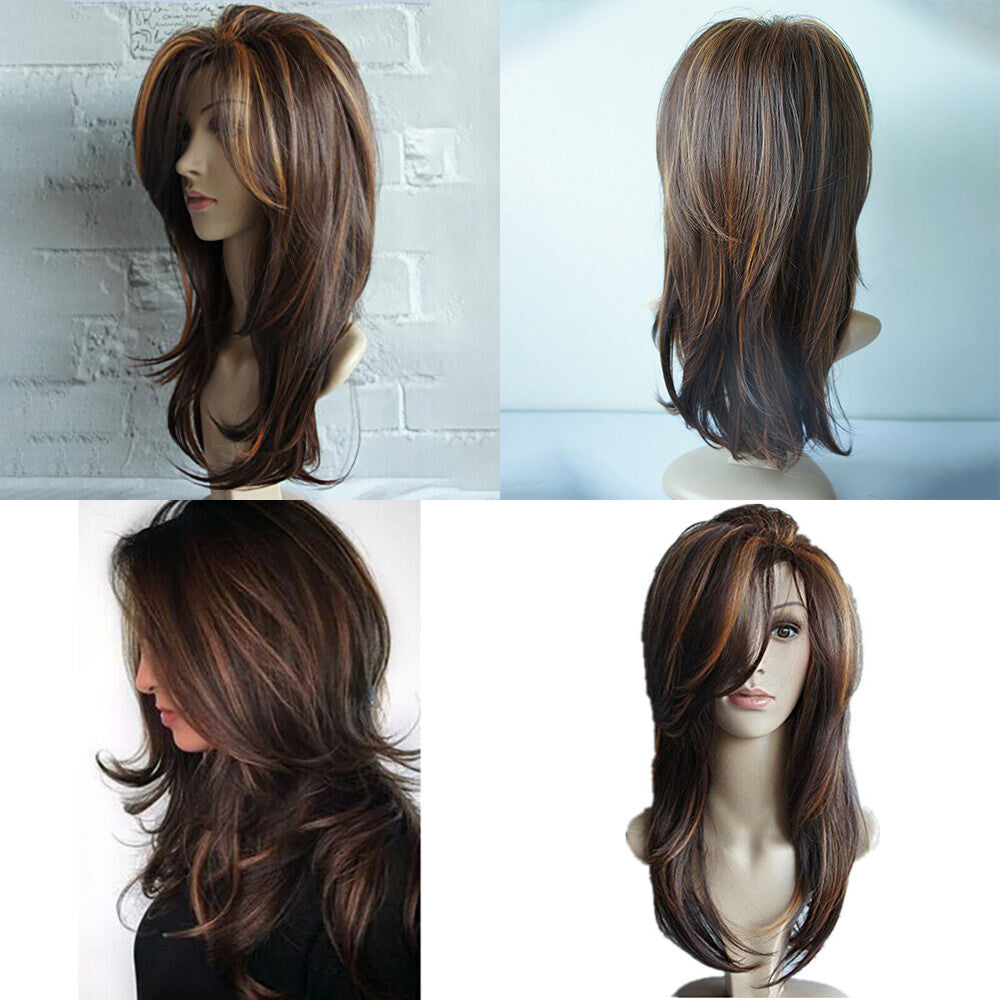 Women Dark Brown Ombre Curly Wig with Gold Highlights Shoulder Length Synthetic Hair