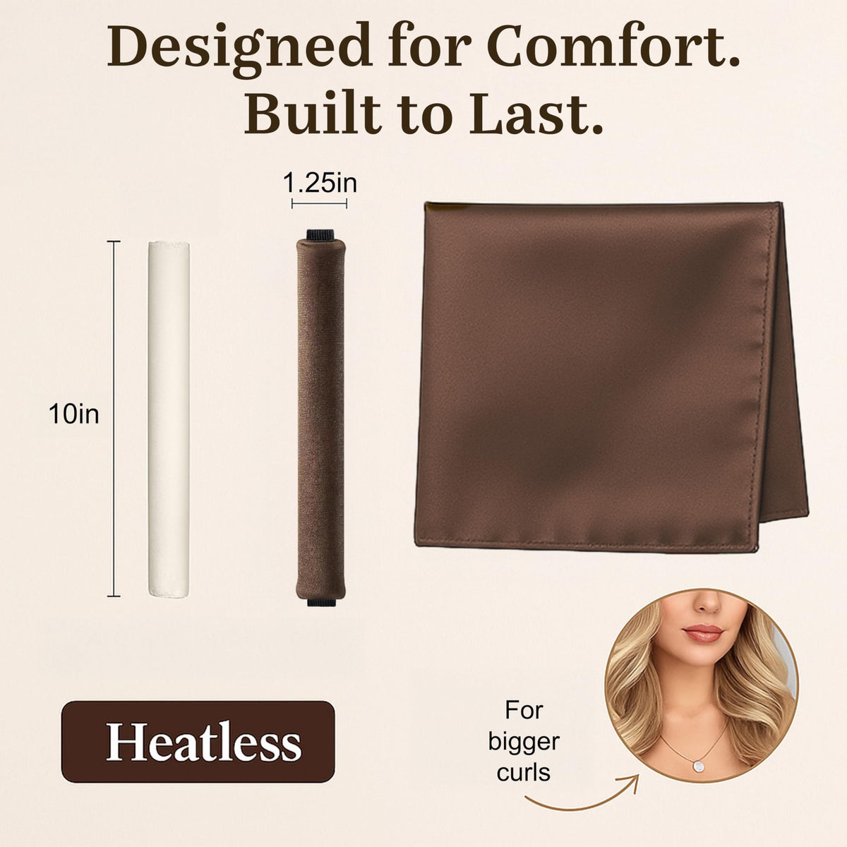Heatless Hair Curling Rods Set - Brown Velvet Curlers for Overnight Styling
