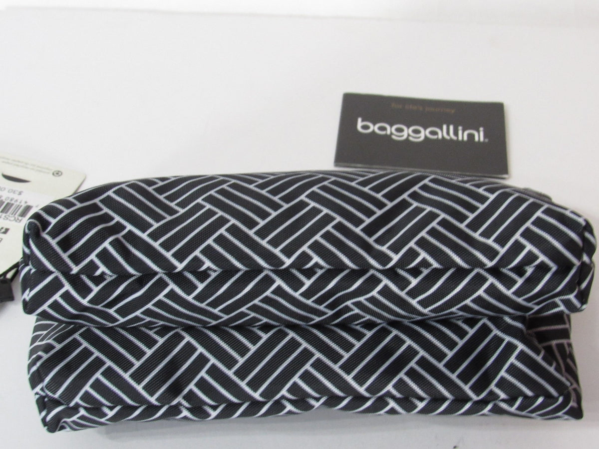 Cosmetic Bag with Multiple Compartments - Gold-Tone Hardware, Black Basket Print