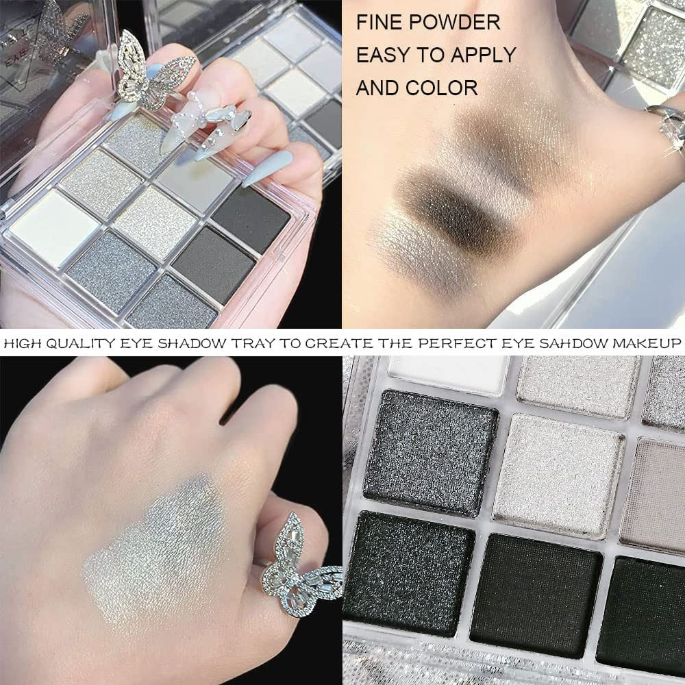 Black Smokey Silver Glitter Eyeshadow Palette - 9 Cool Tones, Waterproof & Long-Lasting