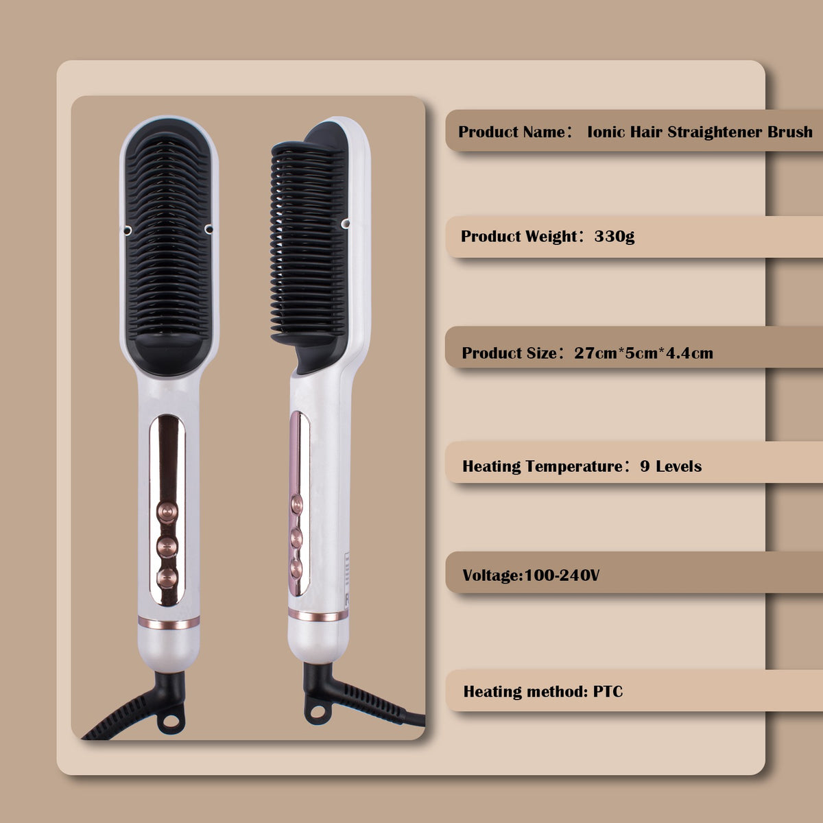 Negative Ionic Hair Straightener Brush with 9 Temp Settings & LED Display