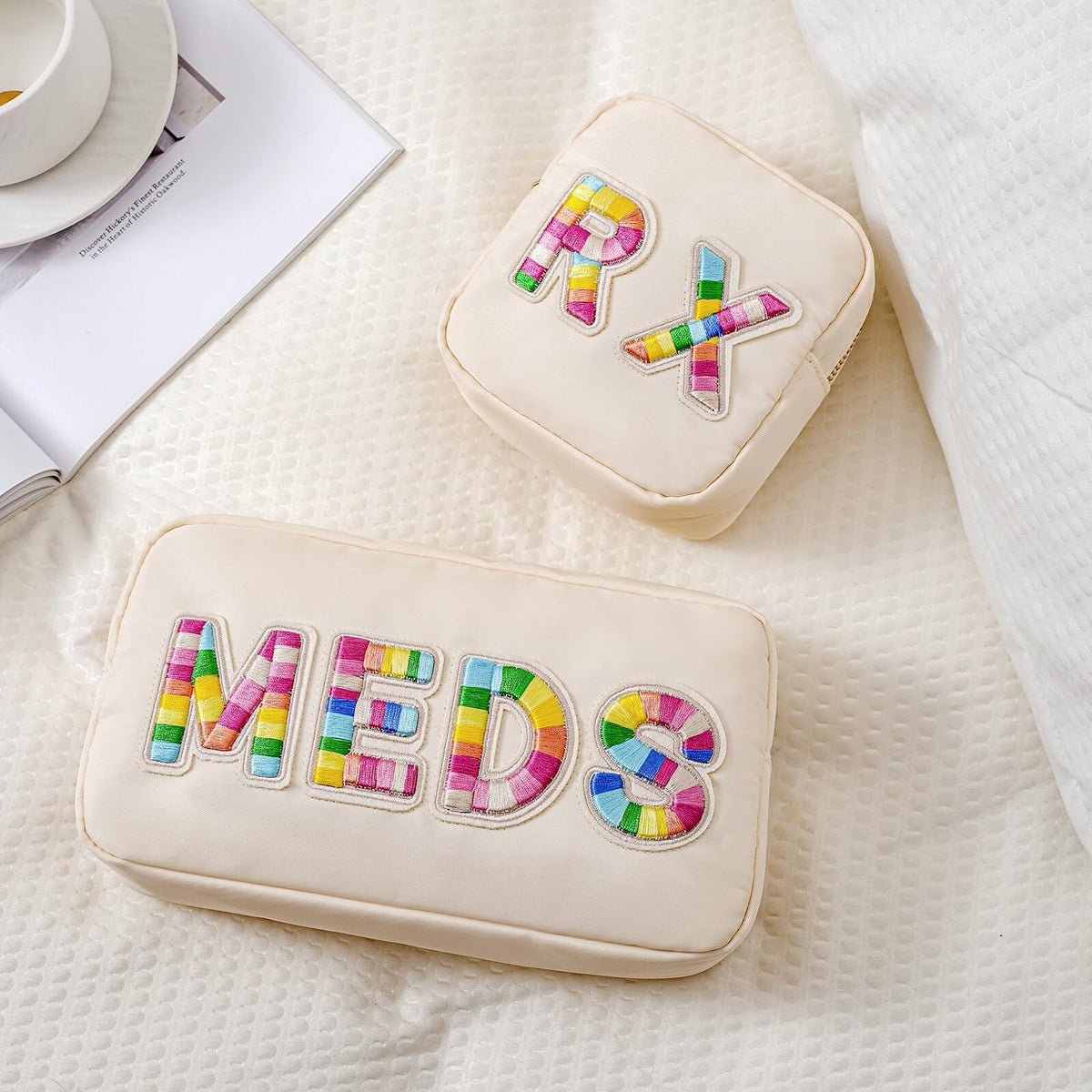 Travel Makeup Bag with Chenille Letter Patches Waterproof Nylon Compact Organizer