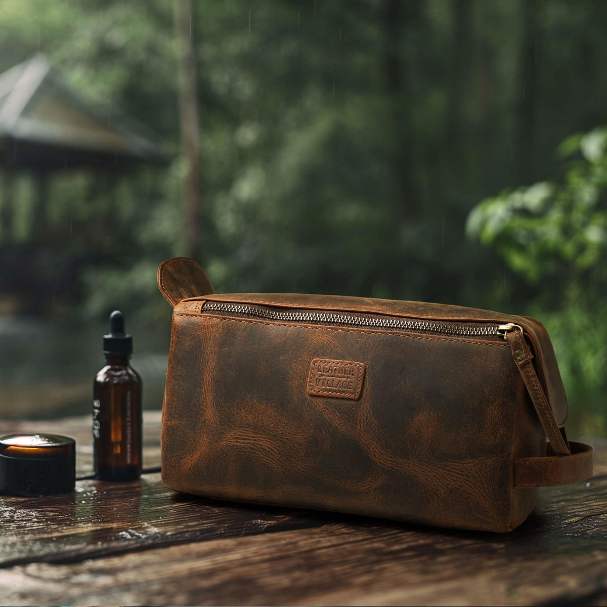 Leather Travel Toiletry Bag - Waterproof Premium Leather Organizer for Men & Women