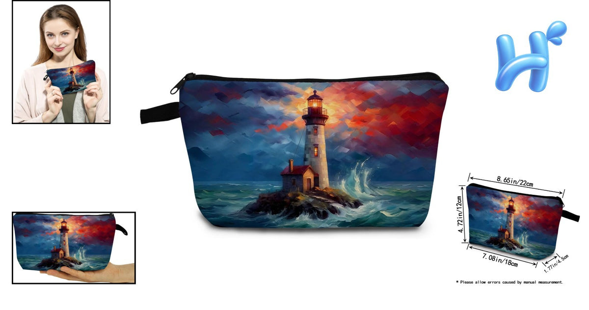 Small Lighthouse Print Makeup Bag with Metal Zipper & Durable Soft Material