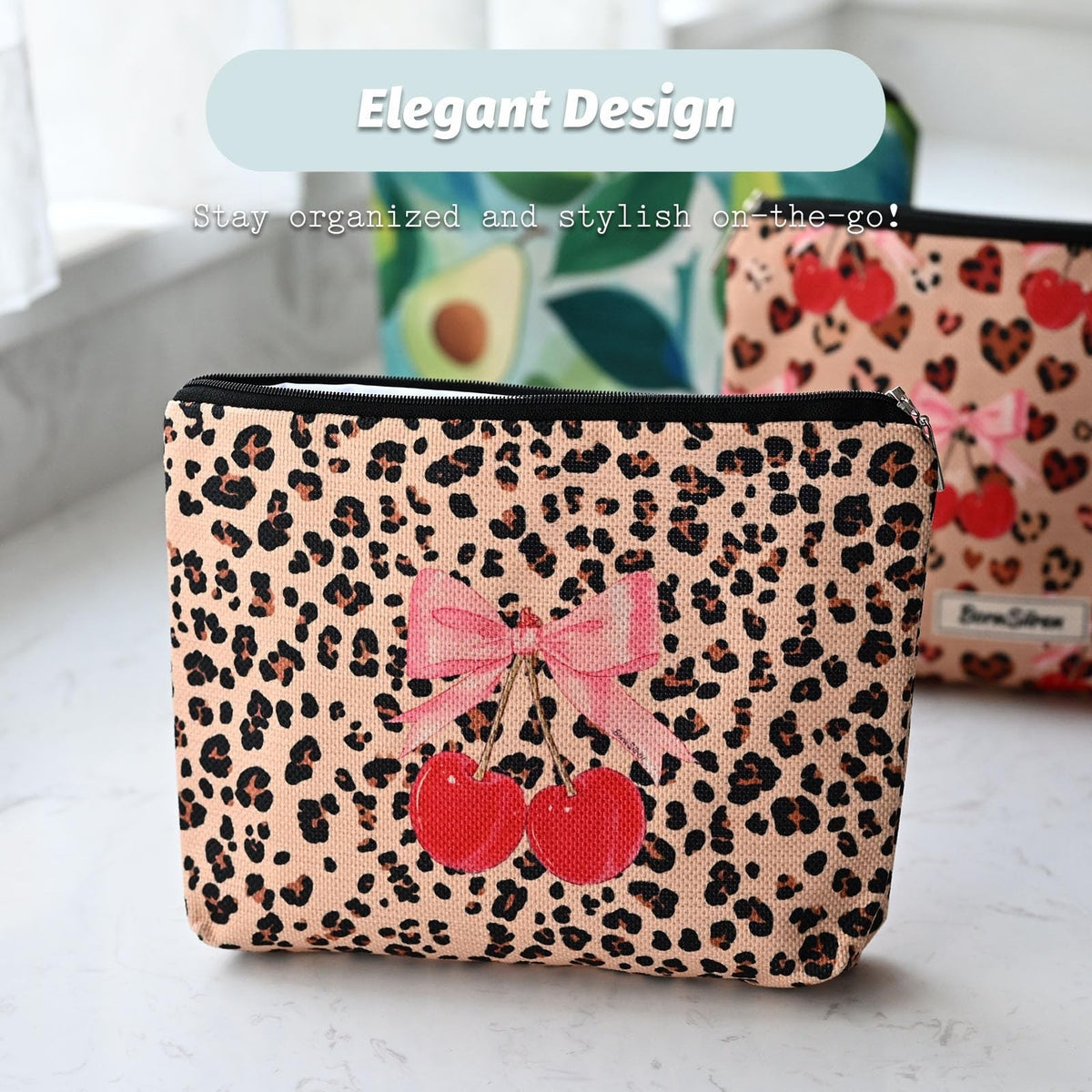 Leopard Print Cherry Makeup Bag for Women, Large Capacity Cosmetic Pouch