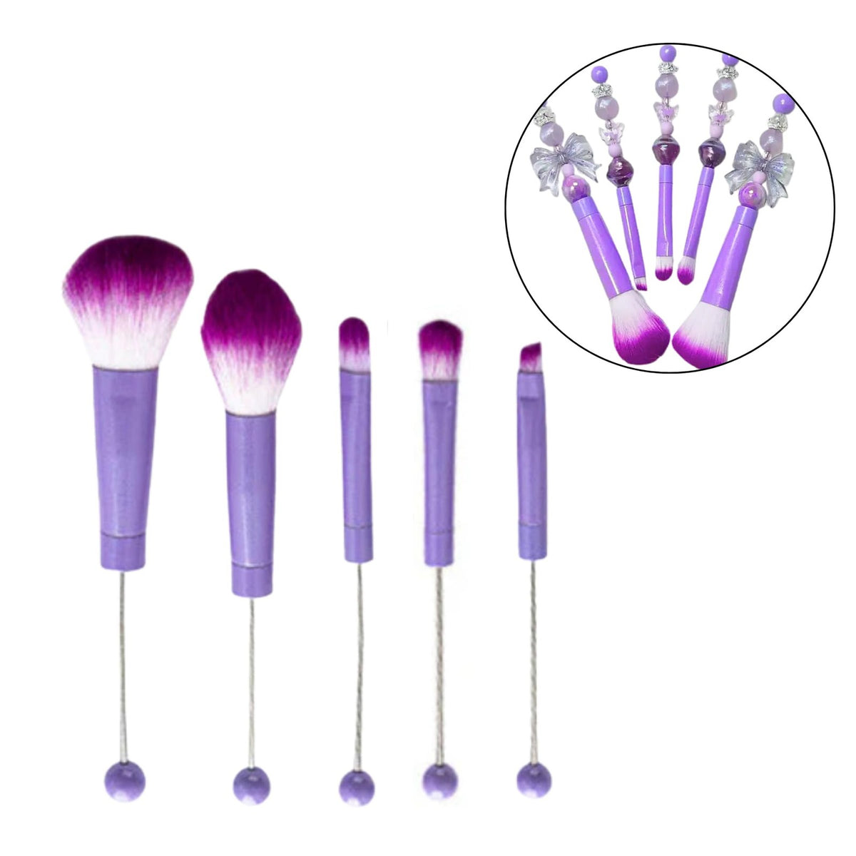 Purple Beadable Makeup Brush Set of 5 with Customizable Handles