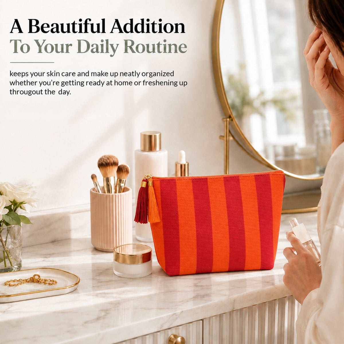 Travel Cosmetic Bag for Women - Red and Orange Stripe Canvas Makeup Case