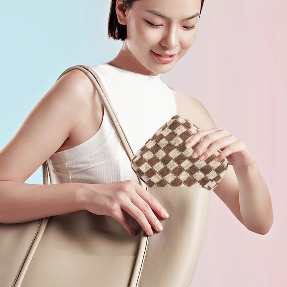 Mini Checkered Makeup Bag for Travel and Purse Storage - Cute Brown Cosmetic Pouch