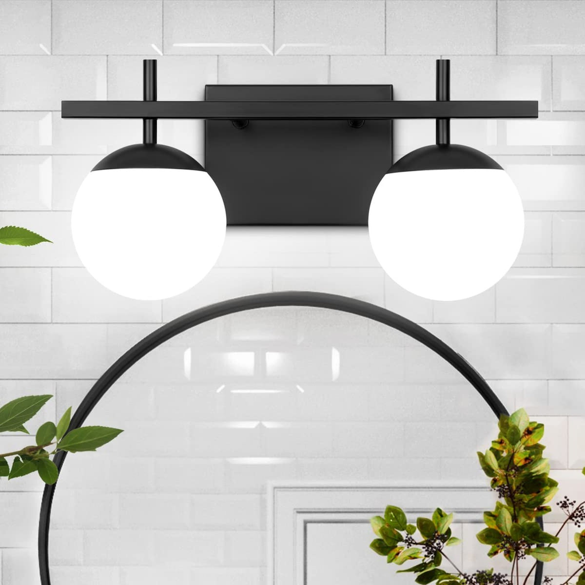 Modern Black Bathroom Vanity Light Fixture with White Frosted Glass - 2 Light