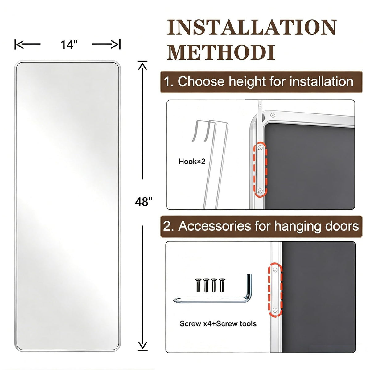 Over The Door Mirror 48x14 Full Length Rectangular Shatterproof Silver White