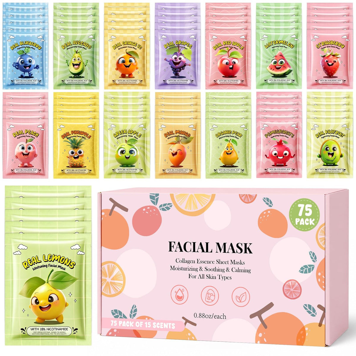 75-Pack Collagen Face Masks - 15 Fruit Flavors