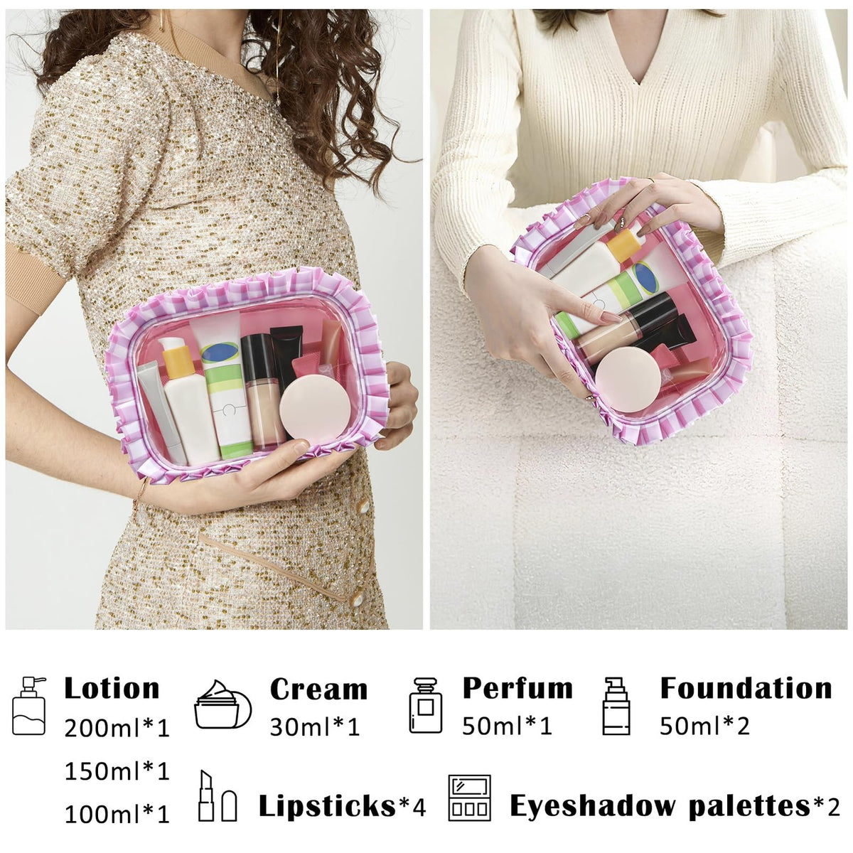 Large Transparent Makeup Bag with Ruffles - Travel Toiletry Organizer