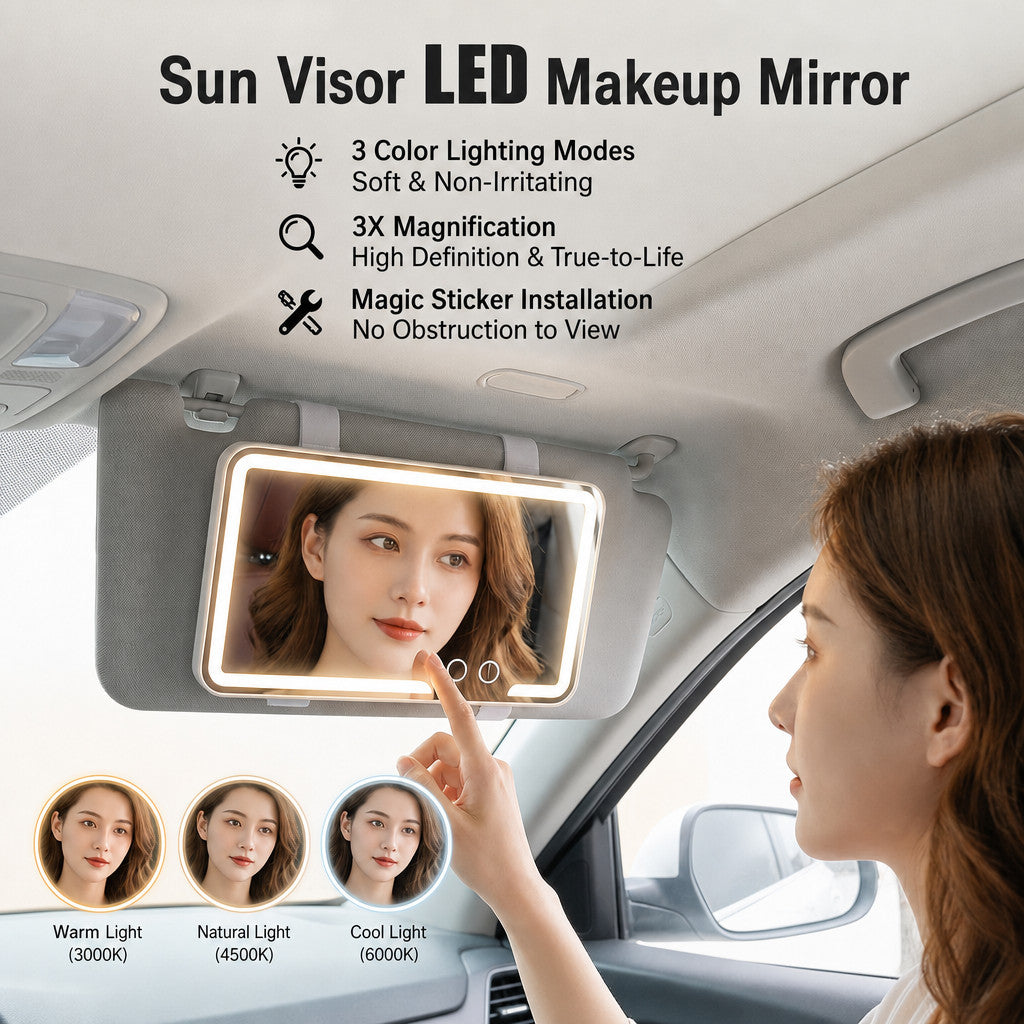 Car Sun Visor Vanity Mirror with Lights - 3 Light Modes & Rechargeable LEDs