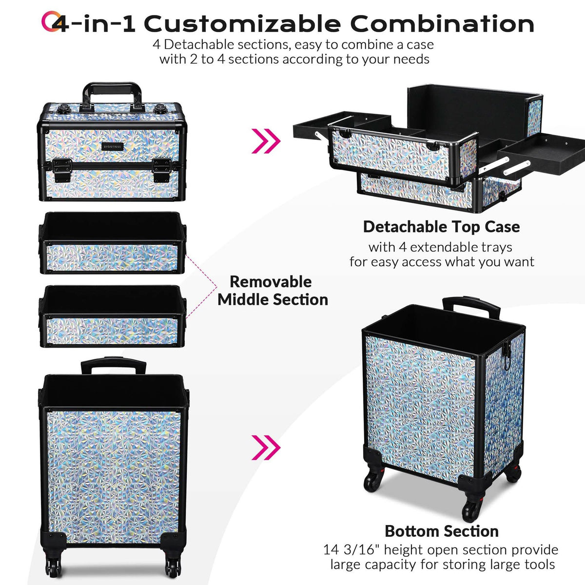 Rolling Makeup Train Case with 4-in-1 Adjustable Compartments and Silver Gradient Design