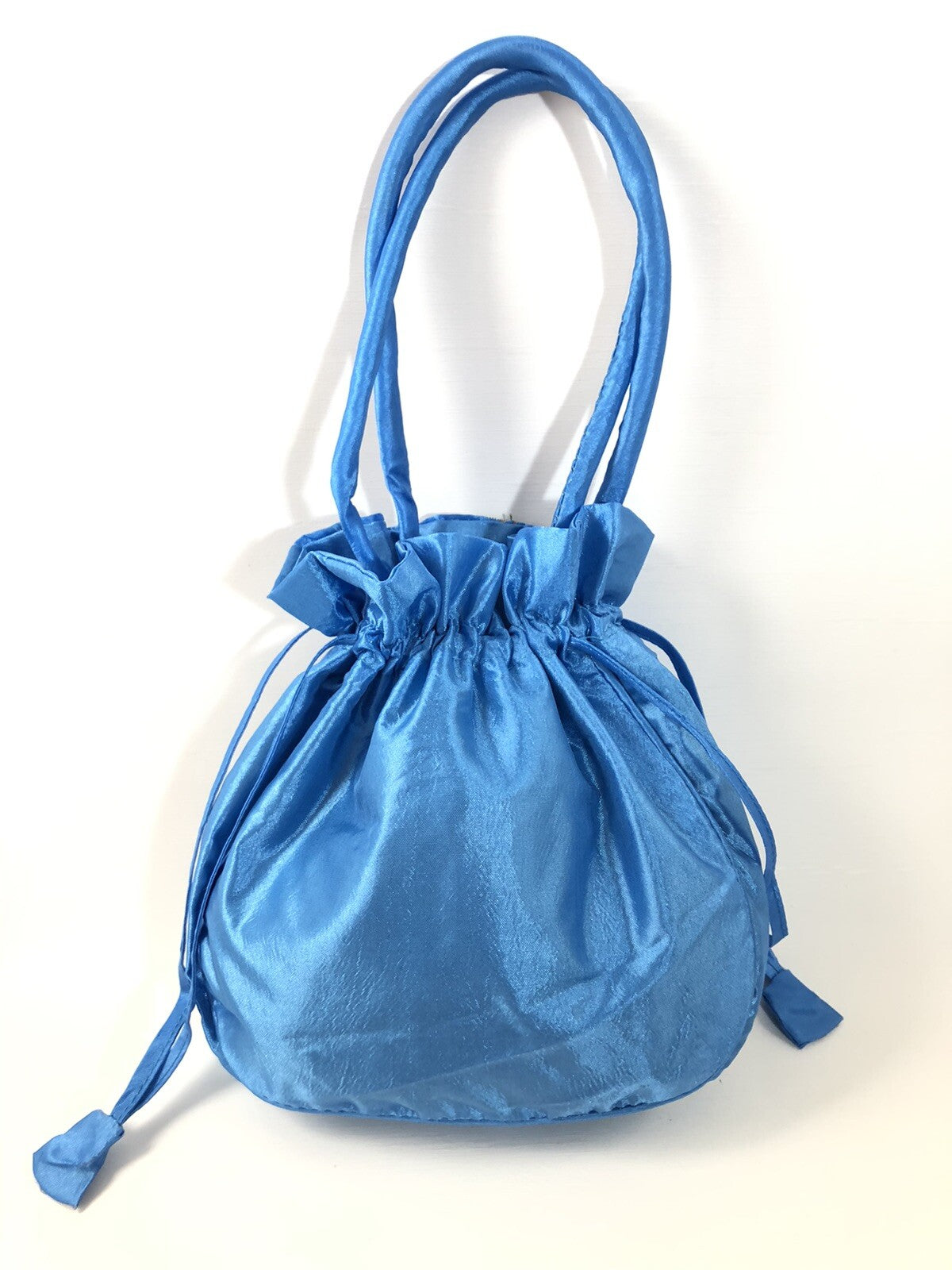 Blue Satin Rose Pattern Drawstring Cosmetic Bag, Makeup Storage Pouch