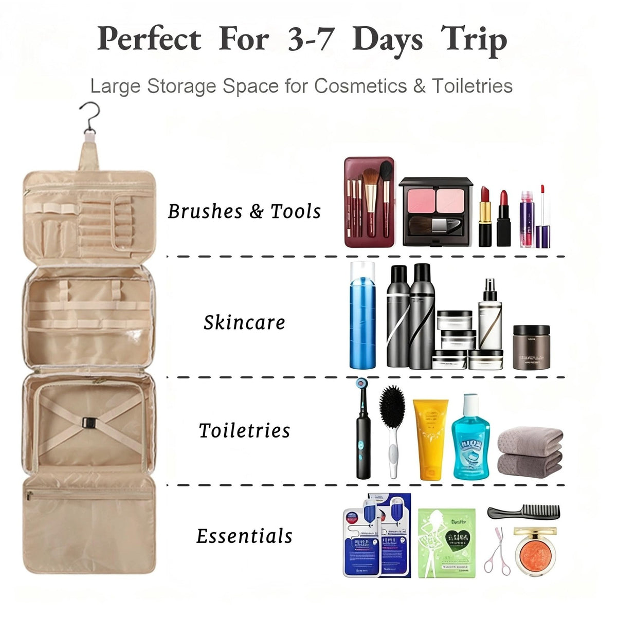 Travel Toiletry Bag with Hook - 13x9x5 Inch Black PU Leather Cosmetic Organizer